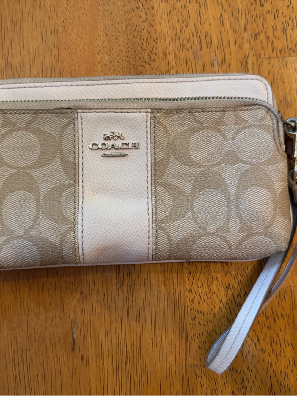 Coach Beige Signature Canvas Wristlet with Cream Leather Trim